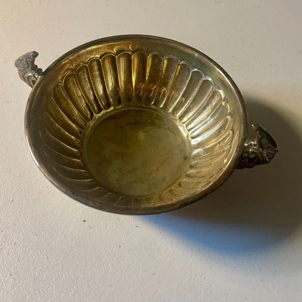 Midcentury Mexican sterling silver double peacock handled bowl by AOM for Tane O